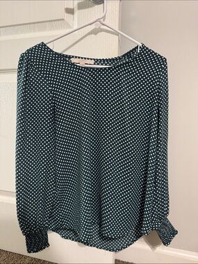 LOFT Teal Polka Dot Long Sleeve Blouse with Smocked Cuffs